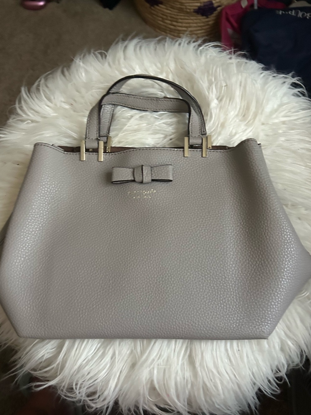 kate spade taupe pebbled leather tote with bow and gold hardware